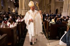 Cardinal Timothy Dolan greets some of the nearly 2,000 graduating Catholic High School seniors who attended mass at St. Patrick’s Cathedral in New York, New York, on May 18, 2022. (Photo by Gabriele Holtermann/Sipa USA)