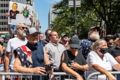 Spectators listen to speakers at  the "Don't Give Up the Ship" rally outside City Hall Park in New York City on August 22, 2020. The rally, led by Staten Island based artist Scott LoBaido, called out the Mayor's failure addressing the recent spike in gun violence and increase in homeless encampments. (Photo by Gabriele Holtermann)