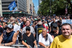 Spectators listen to speakers at  the "Don't Give Up the Ship" rally outside City Hall Park in New York City on August 22, 2020. The rally, led by Staten Island based artist Scott LoBaido, called out the Mayor's failure addressing the recent spike in gun violence and increase in homeless encampments. (Photo by Gabriele Holtermann)
