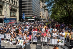 Spectators listen to speakers at  the "Don't Give Up the Ship" rally outside City Hall Park in New York City on August 22, 2020. The rally, led by Staten Island based artist Scott LoBaido, called out the Mayor's failure addressing the recent spike in gun violence and increase in homeless encampments. (Photo by Gabriele Holtermann)