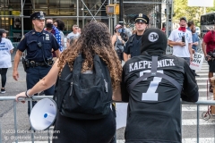 NYPD officers diffuse a tense situation between Black Lives Matter protestors and Blue Lives Matter protestors after  the "Don't Give Up the Ship" rally outside City Hall Park in New York City on August 22, 2020. The rally, led by Staten Island based artist Scott LoBaido, called out the Mayor's failure addressing the recent spike in gun violence and increase in homeless encampments. (Photo by Gabriele Holtermann)