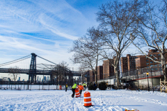 East River Park Protest & Details		

Protesters gathered in East River Park to prevent contracted construction workers from cutting down trees for headway on the ESCR - East Side Coastal Resiliency project, an effort of the city to build a levee that will provide flood control.
According to public plans, a 1.2 mile wall with razed park over an 8 foot fill will line the East River, requiring the expunging of an estimated 1000 trees along the river bank. Last year in December the Cherry and London Plane trees of the south section of the park were, cut and further work has resumed on northern half this January. 
Locals in the city, retaliate against the project due to what they claim to be, a thwarted joint effort for a viable solution for flooding and keeping the park in tact that is beloved and iconic component of not only the neighborhood but NYC. 
For more information: 
www.eastriverparkaction.org
January 31, 2021
East River Park, East Village, NYC 
(C) Bianca Otero