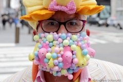 Participants march in the 2021 Annual Easter Bonnet Parade on Fifth Avenue in New York City on April 4, 2021. Paradegoers either dressed in their finest clothing or in colorful bonnets of all shapes and sizes still attended the annual Easter holiday tradition, on the steps of St. Patrick's Cathedral or in nearby Rockefeller Center, despite the Covid 19 pandemic.   (Photo by Andrew Schwartz)