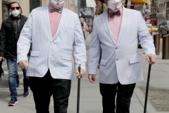 Participants march in the 2021 Annual Easter Bonnet Parade on Fifth Avenue in New York City on April 4, 2021. Paradegoers either dressed in their finest clothing or in colorful bonnets of all shapes and sizes still attended the annual Easter holiday tradition, on the steps of St. Patrick's Cathedral or in nearby Rockefeller Center, despite the Covid 19 pandemic.   (Photo by Andrew Schwartz)