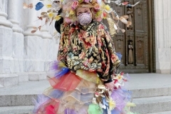 Participants march in the 2021 Annual Easter Bonnet Parade on Fifth Avenue in New York City on April 4, 2021. Paradegoers either dressed in their finest clothing or in colorful bonnets of all shapes and sizes still attended the annual Easter holiday tradition, on the steps of St. Patrick's Cathedral or in nearby Rockefeller Center, despite the Covid 19 pandemic.   (Photo by Andrew Schwartz)