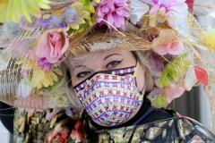 Participants march in the 2021 Annual Easter Bonnet Parade on Fifth Avenue in New York City on April 4, 2021. Paradegoers either dressed in their finest clothing or in colorful bonnets of all shapes and sizes still attended the annual Easter holiday tradition, on the steps of St. Patrick's Cathedral or in nearby Rockefeller Center, despite the Covid 19 pandemic.   (Photo by Andrew Schwartz)