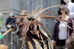 Participants march in the 2021 Annual Easter Bonnet Parade on Fifth Avenue in New York City on April 4, 2021. Paradegoers either dressed in their finest clothing or in colorful bonnets of all shapes and sizes still attended the annual Easter holiday tradition, on the steps of St. Patrick's Cathedral or in nearby Rockefeller Center, despite the Covid 19 pandemic.   (Photo by Andrew Schwartz)