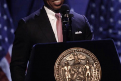 Eric Adams gives opening remarks at a lecture and vegan food tasting reception on healthy diets at The Apollo Theater.
(C) Steve Sands / New York Newswire