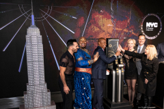 NYC & Company Kickoffs NYC Winter Outing with Mayor Eric Adams, Fred Dixon, Charlotte St. Martin, Anthony E. Malkin, Marlene Poynder, David Burke, Tren’ness Woods-Black, and Cast members from Aladdin and Chicago at the Empire State Building, 1/18/22. NYC Mayor Eric Adams with cast members of Aladdin, Chicago, and various dignitaries light the Empire State Building.