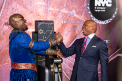 NYC & Company Kickoffs NYC Winter Outing with Mayor Eric Adams, Fred Dixon, Charlotte St. Martin, Anthony E. Malkin, Marlene Poynder, David Burke, Tren’ness Woods-Black, and Cast members from Aladdin and Chicago at the Empire State Building, 1/18/22. NYC Mayor Eric Adams with cast member of Aladdin.