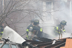 Firefighters from Ladder Company 172 operate at a building explosion at 58 Bay 35 Street. Units had heavy fire from a two story private dwelling.