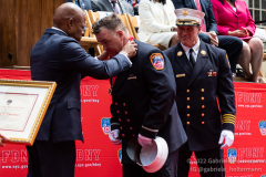 NYC Mayor Eric Adams presents FDNY Lieutenant Patrick Twomey with the Hugh Bonner Medal at the FDNY Medal Day 2022 at City Hall in New York, New York, on June 1, 2022. (Photo by Gabriele Holtermann/Sipa USA)