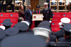 Acting Fire Commissioner Laura Kavanagh, NYC Mayor Eric Adams, FDNY EMT Menhaz Bhuiyan, and Acting Chief of Department John Hodgens attend the FDNY Medal Day 2022 at City Hall in New York, New York, on June 1, 2022. (Photo by Gabriele Holtermann/Sipa USA)