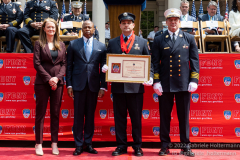 Acting Fire Commissioner Laura Kavanagh, NYC Mayor Eric Adams, FDNY FF Darren Harsch, and Acting Chief of Department John Hodgens attend the FDNY Medal Day 2022 at City Hall in New York, New York, on June 1, 2022. (Photo by Gabriele Holtermann/Sipa USA)