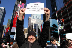 February 27, 2022  New York, 
  Solidarity with The Ukraine. 
Crowds gathers at the Red Steps in Farther Duffy Square in New York's Times Square to protest Russia's
invasion of Ukraine.