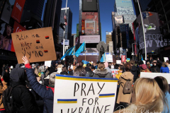 Members of Free Kazakhs hold a rally in Times Square in New York on 27 Feb 2022 demanding an immediate end to the torture of 12,000 people and their release and for Putin to stop his attack on the Ukraine.
Dictatorial regime of Tokayev called the protesters in Almaty, Kazakhstan as terrorists and bandits, indicating their number at 20,000 people. After this statement, the regime has illegally arrested 12,000 people and continues to torture them inhumanly to this day.