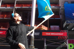 Members of Free Kazakhs hold a rally in Times Square in New York on 27 Feb 2022 demanding an immediate end to the torture of 12,000 people and their release and for Putin to stop his attack on the Ukraine.
Dictatorial regime of Tokayev called the protesters in Almaty, Kazakhstan as terrorists and bandits, indicating their number at 20,000 people. After this statement, the regime has illegally arrested 12,000 people and continues to torture them inhumanly to this day.