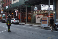 A fire broke out on the scaffolding of the iconic Cinema Village theater during the Wildlife Conservation Film Festival, on Saturday, October 16th in the West Village, NYC. 
The building which once housed a firehouse at the turn of the 20th century, had smoke bellowing from the top when a guest noticed.
FDNY found that possible cigarette butt thrown from above could be the possible culprit. Fortunately, no damage was done. (C) Bianca Otero, NYC, October 16, 2021.