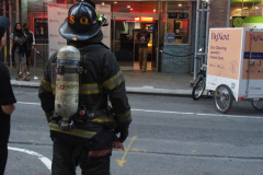 A fire broke out on the scaffolding of the iconic Cinema Village theater during the Wildlife Conservation Film Festival, on Saturday, October 16th in the West Village, NYC. 
The building which once housed a firehouse at the turn of the 20th century, had smoke bellowing from the top when a guest noticed.
FDNY found that possible cigarette butt thrown from above could be the possible culprit. Fortunately, no damage was done. (C) Bianca Otero, NYC, October 16, 2021.