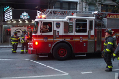A fire broke out on the scaffolding of the iconic Cinema Village theater during the Wildlife Conservation Film Festival, on Saturday, October 16th in the West Village, NYC. 
The building which once housed a firehouse at the turn of the 20th century, had smoke bellowing from the top when a guest noticed.
FDNY found that possible cigarette butt thrown from above could be the possible culprit. Fortunately, no damage was done. (C) Bianca Otero, NYC, October 16, 2021.