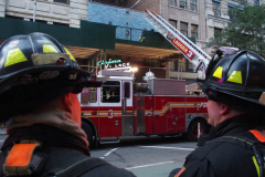 A fire broke out on the scaffolding of the iconic Cinema Village theater during the Wildlife Conservation Film Festival, on Saturday, October 16th in the West Village, NYC. 
The building which once housed a firehouse at the turn of the 20th century, had smoke bellowing from the top when a guest noticed.
FDNY found that possible cigarette butt thrown from above could be the possible culprit. Fortunately, no damage was done. (C) Bianca Otero, NYC, October 16, 2021.