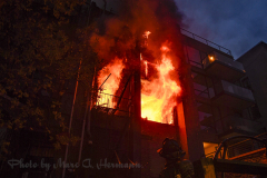 A four-alarm (as of 8:45 a.m.) fire tore through 132 Montague St. near Henry St., Brooklyn Heights, on the morning of Fri., December 10, 2021.

(Marc A. Hermann)