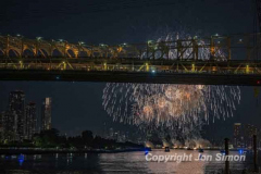 Macy’s Fireworks on the East River in Manhattan 7/4/22.  Looking south from the 59th St Bridge.