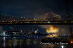 Macy’s Fireworks on the East River in Manhattan 7/4/22.  Looking south from the 59th St Bridge.