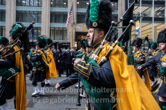 The NYPD Pipes and Drums leads the procession of fallen NYPD Officer Wilbert Mora's along 5th Avenue in New York, New York, on Feb. 2, 2022. (Photo by Gabriele Holtermann/Sipa USA)