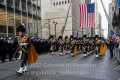 The NYPD Pipes and Drums leads the procession of fallen NYPD Officer Wilbert Mora's along 5th Avenue in New York, New York, on Feb. 2, 2022. (Photo by Gabriele Holtermann/Sipa USA)