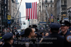 The American Flag flies high above 5th Avenue during the funeral service of NYPD Officer Wilbert Mora at St. Patrick’s Cathedral in New York, New York, on Feb. 2,  2022.  (Photo by Gabriele Holtermann/Sipa USA)