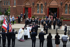 Monday, August 30, 2021
FDNY Line Of Duty Funeral
Staten Island, NY
Photographs by Mary DiBiase Blaich 

Firefighter Stephen J Reilly was remembered today with a Funeral Mass at Sacred Heart Church in Staten Island.  He died of cancer related to his 9/11 service. After the funeral Mass, family members were presented with FDNY items, including his helmet.
Attending were his company, Engine 155, Fire Commissioner Daniel Nigro, and many firefighters, family, and friends.  During the funeral, a call came in for a high angle rescue of a worker, and some of the mourners who were on duty left with lights and sirens.  One firefighter holds his handy talkie to listen to the “run”. While another looks down the street to view responding tower ladder #79.