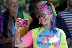 Spectators show their LGBTQ pride while watching the annual New York City Pride March on Sunday, June 26, 2022 in New York City. The annual celebration of LGBTQ pride returned to full capacity this year after being cancelled in 2020 and scaled back in 2021 due to the COVID-19 pandemic. (Photo by Andrew Schwartz)