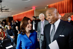New York City Mayor Eric Adams and NY State Gov Kathy Hochul deliver remarks at an event celebrating the renovation of David Geffen Hall at Lincoln Center for the Performing Arts.

(C) Steve Sands/ New York/Newswire