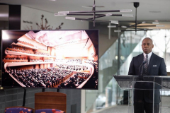 New York City Mayor Eric Adams and NY State Gov Kathy Hochul deliver remarks at an event celebrating the renovation of David Geffen Hall at Lincoln Center for the Performing Arts.

(C) Steve Sands/ New York/Newswire