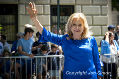 After a 2 year hiatus The Greek Independence Day Parade marches up 5th Ave in NYC 6/5/22.  Congresswoman Carolyn Maloney waves to the crowd.