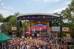 The cast of Hamilton performing on the stage for Good Morning America on August 5, 2022 at Rumsey Playfield Central Park, New York, New York.