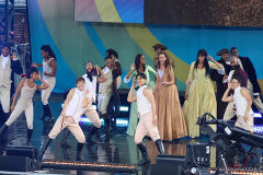 The cast of Hamilton performing on the stage for Good Morning America on August 5, 2022 at Rumsey Playfield Central Park, New York, New York.