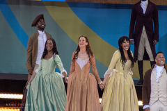 The cast of Hamilton performing on the stage for Good Morning America on August 5, 2022 at Rumsey Playfield Central Park, New York, New York.