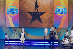 The cast of Hamilton performing on the stage for Good Morning America on August 5, 2022 at Rumsey Playfield Central Park, New York, New York.