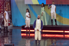 The cast of Hamilton performing on the stage for Good Morning America on August 5, 2022 at Rumsey Playfield Central Park, New York, New York.