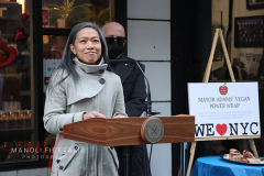 Maria Torres-Springer Deputy Mayor and Paul Shaffer a musician outside Hello Deli celebrating the 30th anniversary on Jan 31 2022.