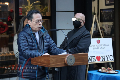 Rupert Jee is one of the owner and business partner of Hello Deli. Maria Torres-Springer deputy mayor and Paul Shaffer a musician outside Hello Deli celebrating the 30th anniversary on Jan 31 2022.