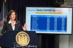 Governor Kathy Hochul Updates New Yorkers on the State's Progress Combating Covid 19 at her Midtown Manhattan Office on 29 Nov 2021 in New York City. 
56,924 Vaccine Doses Administered Over Last 24 Hours with 41 Covid-19 Deaths Statewide Yesterday