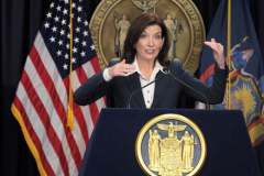 Governor Kathy Hochul Updates New Yorkers on the State's Progress Combating Covid 19 at her Midtown Manhattan Office on 29 Nov 2021 in New York City. 
56,924 Vaccine Doses Administered Over Last 24 Hours with 41 Covid-19 Deaths Statewide Yesterday