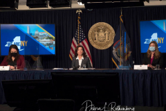 Jackie Bray, Acting Commissioner, NYC Division of Homeland Security and Emergency Services, NY State Governor Kathy Hochul and Kathryn Garcia, New York State Director of State Operations Update New Yorkers on State's Progress Combating Covid 19 at her Offices in Manhattan on 20 Dec 2021 in New York City