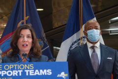 NY Governor Hochul and newly elected NYC Mayor Adams have their first public press conference together on 141 Fulton Street, to speak about homelessness and new social work implementations to thwart it as well as police deployment into the subways in NYC and the 5 boroughs. They also introduced the first female police commissioner of the NYPD, Keechant Sewell. 
January 6, 2022.
Manhattan, NYC (C) Bianca Otero