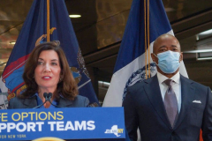 NY Governor Hochul and newly elected NYC Mayor Adams have their first public press conference together on 141 Fulton Street, to speak about homelessness and new social work implementations to thwart it as well as police deployment into the subways in NYC and the 5 boroughs. They also introduced the first female police commissioner of the NYPD, Keechant Sewell. 
January 6, 2022.
Manhattan, NYC (C) Bianca Otero