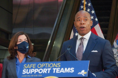 NY Governor Hochul and newly elected NYC Mayor Adams have their first public press conference together on 141 Fulton Street, to speak about homelessness and new social work implementations to thwart it as well as police deployment into the subways in NYC and the 5 boroughs. They also introduced the first female police commissioner of the NYPD, Keechant Sewell. 
January 6, 2022.
Manhattan, NYC (C) Bianca Otero