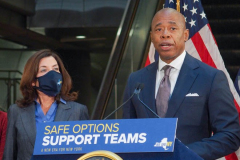 NY Governor Hochul and newly elected NYC Mayor Adams have their first public press conference together on 141 Fulton Street, to speak about homelessness and new social work implementations to thwart it as well as police deployment into the subways in NYC and the 5 boroughs. They also introduced the first female police commissioner of the NYPD, Keechant Sewell. 
January 6, 2022.
Manhattan, NYC (C) Bianca Otero